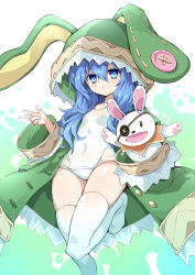 Rule 34 | 1girl, absurdres, animal ears, animal hood, arm up, blue eyes, blue hair, child, coat, commentary request, date a live, fake animal ears, green coat, hand puppet, highres, hood, leg up, long hair, one-piece swimsuit, puppet, rabbit ears, school swimsuit, shanyao jiang tororo, standing, standing on one leg, swimsuit, swimsuit under clothes, thighhighs, v, white one-piece swimsuit, white thighhighs, yoshino (date a live)