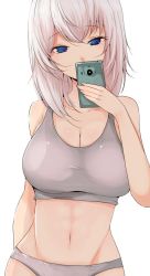 Rule 34 | 10s, 1girl, arm behind back, blue eyes, breasts, cellphone, cleavage, collarbone, crop top, girls und panzer, grey panties, groin, han (jackpot), holding, holding phone, itsumi erika, large breasts, long hair, navel, panties, phone, silver hair, simple background, smartphone, solo, stomach, tank top, underwear, upper body, white background