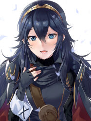 Rule 34 | 1girl, ameno (a meno0), armor, black sweater, blue cape, blue eyes, blue gloves, blue hair, blush, cape, fingerless gloves, fire emblem, fire emblem awakening, gloves, hair between eyes, lips, long hair, looking at viewer, lucina (fire emblem), nintendo, open mouth, pauldrons, pink lips, red cape, ribbed sweater, shoulder armor, simple background, smile, solo, sweater, tiara, turtleneck, turtleneck sweater, two-tone cape, white background