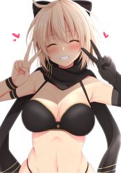 Rule 34 | 1girl, ^ ^, ahoge, bare shoulders, bikini, black bikini, black bow, black gloves, black scarf, blonde hair, blush, bow, breasts, cleavage, closed eyes, commentary request, double v, elbow gloves, facing viewer, fate/grand order, fate (series), gloves, grin, hair bow, hands up, heart, highleg, highleg bikini, highres, large breasts, navel, okita j. souji (fate), okita j. souji (first ascension) (fate), okita souji (fate), okita souji (koha-ace), open mouth, scarf, short hair, simple background, single glove, smile, solo, swimsuit, takeyuu, upper body, v, white background, wristband