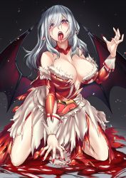 Rule 34 | 1girl, aged up, bat wings, blood, breasts, dress, fingernails, grey hair, hand up, highres, kneeling, large breasts, long fingernails, long hair, looking at viewer, nail polish, pink eyes, pool of blood, red nails, remilia scarlet, sharp fingernails, shukusuri, solo, tongue, tongue out, torn clothes, torn dress, touhou, white dress, wings