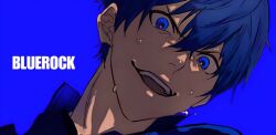 Rule 34 | 1boy, blue background, blue eyes, blue hair, blue lock, blue shirt, bo toike57, collared shirt, isagi yoichi, looking at viewer, male focus, open mouth, portrait, shirt, short hair, simple background, smile, solo, typo, v-shaped eyebrows