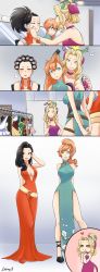 Rule 34 | 10s, 3girls, :o, absurdres, alternate costume, alternate hairstyle, belt, black hair, blonde hair, blush, boku no hero academia, breasts, chibi, chibi inset, china dress, chinese clothes, choker, cleavage, clothes hanger, comb, comic, commentary, dress, dressing room, english commentary, closed eyes, eyeshadow, floral print, folded ponytail, green dress, green eyes, green lips, hair ornament, hair over shoulder, hair rollers, hair spray, hand mirror, own hands clasped, heart, highres, iloforma, kendou itsuka, large breasts, lipstick, long dress, long hair, makeover, makeup, mirror, multiple girls, orange hair, own hands together, ponytail, purple choker, purple dress, red dress, red lips, side ponytail, side slit, slit pupils, smile, snake hair, thigh strap, uwabami, yaoyorozu momo, yellow eyes