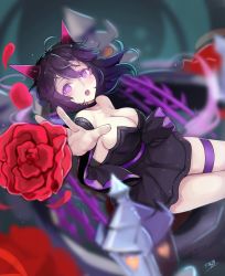 Rule 34 | 1girl, :o, artist name, beifeng han, black dress, black hair, breasts, cleavage, commentary request, cowboy shot, dress, flower, glowing, hair between eyes, highres, horns, large breasts, long hair, looking at viewer, miyaura sanshio, open mouth, original, outstretched hand, purple eyes, rose, signature, solo, thigh strap