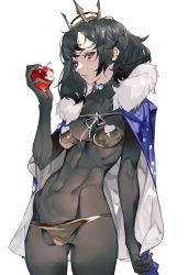 Rule 34 | 1girl, absurdres, apple, bikini, black hair, blush, bodystocking, breasts, cape, collarbone, commentary request, covered navel, crown, eating, food, fruit, fur collar, gold bikini, grandia lee, highres, holding, holding food, lips, original, red eyes, short hair, simple background, small breasts, solo, swimsuit, white background