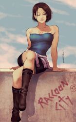Rule 34 | 1girl, artist name, bare arms, bare shoulders, black skirt, blue eyes, bob cut, boots, breasts, brown hair, cleavage, cloud, cloudy sky, collarbone, crossed legs, ericson blum, full body, graffiti, hand up, highres, jill valentine, looking at viewer, medium breasts, one eye closed, outdoors, resident evil, resident evil 3: nemesis, shirt, short hair, sitting, sitting on wall, skirt, sky, smirk, solo, strapless, strapless shirt, tied sweater, tube top