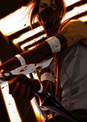 Rule 34 | 1boy, anbu, bandages, bandaged arm, black gloves, blood, blood splatter, brown hair, dutch angle, from below, gloves, holding, holding weapon, jewelry, lily (artist), long hair, looking at viewer, male focus, mask, naruto, naruto (series), necklace, red eyes, sleeveless, solo, tattoo, uchiha itachi, uniform, upper body, weapon