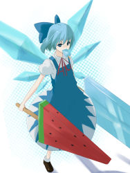 Rule 34 | 1girl, bad id, bad pixiv id, blue eyes, blue hair, cirno, dress, dual wielding, embodiment of scarlet devil, female focus, food, fruit, full body, gradient background, hair ribbon, holding, ice cream, icepop, matching hair/eyes, muranisaki, popsicle, ribbon, solo, touhou, watermelon, watermelon bar, white background, wings