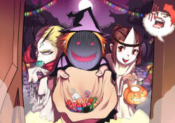 Rule 34 | 1girl, 2boys, black headwear, blonde hair, brown eyes, brown hair, candy, chain, claws, commentary, cowboy shot, disguise (ragnarok online), dress, english commentary, food, food in mouth, full moon, glaring, halloween, halloween bucket, hamatsu, hat, jack-o&#039;-lantern, lollipop, looking at viewer, lude (ragnarok online), mask, masked, moon, multiple boys, open mouth, personification, purple sky, quve (ragnarok online), ragnarok online, red eyes, red scarf, scarf, short hair, sky, smile, star (sky), starry sky, triangular headpiece, trick-or-treating, white dress, witch hat, wrapped candy