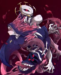 Rule 34 | 1girl, black nails, blonde hair, blood, cross, cross necklace, crown, double (skullgirls), dual persona, extra eyes, extra mouth, closed eyes, habit, highres, jewelry, long tongue, monster, monster girl, nail polish, necklace, nun, red background, skullgirls, solo, tongue, tongue out