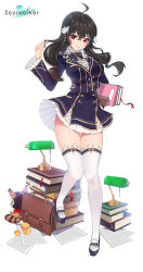 Rule 34 | 1girl, alternate costume, black hair, book, boots, breasts, damda, iris yuma, large breasts, long hair, looking at viewer, official art, red eyes, school uniform, skirt, smile, solo, soulworker, thighhighs, title, translation request, white background, white skirt, white thighhighs, zettai ryouiki