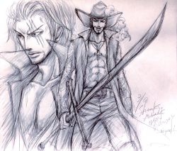 Rule 34 | 2boys, abs, dracule mihawk, hat, highres, jewelry, male focus, monochrome, multiple boys, necklace, one piece, open clothes, open shirt, scar, shanks (one piece), shirt, sword, weapon, yoru (one piece)