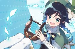 Rule 34 | 1boy, androgynous, bard, beret, black hair, blue eyes, braid, collared cape, flower, frilled sleeves, frills, genshin impact, gradient hair, green hat, green shorts, hat, hat flower, highres, holding, holding instrument, instrument, lyre, male focus, multicolored hair, open mouth, pinwheel, ringo kureru, short hair with long locks, shorts, smile, solo, twin braids, venti (genshin impact), vision (genshin impact), white flower