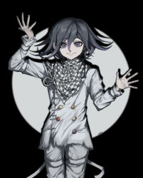 Rule 34 | 1boy, absurdres, black background, buttons, checkered clothes, checkered scarf, danganronpa (series), danganronpa v3: killing harmony, double-breasted, flipped hair, gradient hair, grey background, grey pants, hair between eyes, harari, highres, jacket, long sleeves, looking at viewer, male focus, multicolored hair, oma kokichi, pants, scarf, short hair, smile, solo, straitjacket, two-tone hair