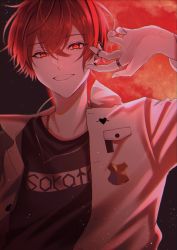 Rule 34 | 1boy, aho no sakata, asamoya 1225, character name, highres, looking at viewer, male focus, niconico, open mouth, red eyes, red hair, simple background, smile, solo, urashimasakatasen, utaite