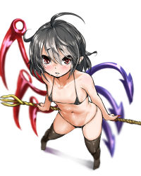 Rule 34 | 1girl, ahoge, asymmetrical wings, bikini, black bikini, black hair, black thighhighs, blurry, blush, breasts, depth of field, foreshortening, from above, full body, halterneck, halterneck, houjuu nue, kuranosuke, looking at viewer, micro bikini, navel, pointy ears, red eyes, short hair, simple background, small breasts, solo, standing, swimsuit, thighhighs, touhou, wet, white background, wings