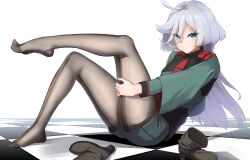 Rule 34 | 1girl, absurdres, ahoge, asticassia school uniform, back-seamed legwear, blue eyes, boots, brown footwear, checkered floor, feet, front-seamed legwear, grabbing own thigh, green jacket, green shorts, grey eyes, grey hair, gundam, gundam suisei no majo, hair between eyes, high heel boots, high heels, highres, jacket, legs, light frown, long hair, long sleeves, looking at viewer, miorine rembran, no shoes, pantyhose, sanso (oxygen), school uniform, seamed legwear, shorts, shoulder boards, soles, solo, toes, unworn boots, white background