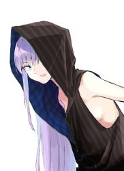 Rule 34 | 1girl, bare arms, bare shoulders, black vest, blue eyes, blush, breasts, coffeekite, cosplay, fate/extra, fate/extra ccc, fate/grand order, fate (series), highres, hood, hood up, hooded vest, hoodie, leaning forward, light smile, long hair, looking at viewer, meltryllis (fate), no bra, oda nobukatsu (fate), oda nobukatsu (fate) (cosplay), open mouth, parted lips, purple hair, sideboob, simple background, sleeveless, small breasts, smile, striped clothes, striped vest, upper body, very long hair, vest, white background