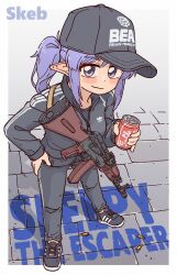 Rule 34 | 1girl, adidas, baseball cap, blush, bocchi-ya-nawi, brick road, can, coca-cola, commission, drink, drink can, elf, graffiti, hat, highres, holding, holding drink, kalashnikov rifle, original, pointy ears, purple eyes, purple hair, shell casing, shoes, skeb commission, sneakers, soda can, solo, track suit
