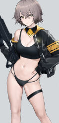 1girl absurdres bikini black_bikini black_jacket breasts character_sheet girls&#039;_frontline gun highres jacket navel official_alternate_hair_length official_alternate_hairstyle open_clothes open_jacket scar scar_across_eye scar_on_face short_hair shuten_(project_sky) small_breasts solo submachine_gun swimsuit ump45_(girls&#039;_frontline) weapon