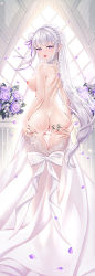 Rule 34 | 1girl, alternate costume, anal, anal object insertion, ass, bar censor, bare shoulders, blush, body writing, bow, braid, breasts, censored, clothes pull, dress, dress pull, emilia (re:zero), flower, from behind, hair ornament, hair ribbon, hand on own ass, hand up, hands on own ass, indoors, jiushi shijiu, large breasts, long hair, looking at viewer, looking back, medium breasts, nipples, object insertion, open mouth, petals, pointy ears, purple flower, purple ribbon, pussy, re:zero kara hajimeru isekai seikatsu, ribbon, silver hair, sleeveless, sleeveless dress, solo, standing, strapless, strapless dress, wedding, wedding dress, white bow, white dress, x hair ornament