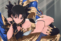 Rule 34 | 1girl, aonori misuji, armlet, asymmetrical legwear, asymmetrical sleeves, bare shoulders, barefoot, black hair, breasts, commentary request, detached sleeves, earrings, elbow gloves, fate/grand order, fate (series), gloves, hair ribbon, heavenly boat maanna, hoop earrings, ishtar (fate), jewelry, long hair, looking at viewer, medium breasts, neck ring, parted bangs, partial commentary, red eyes, ribbon, single detached sleeve, single elbow glove, single thighhigh, smile, solo, thighhighs, tiara, two side up, uneven legwear, uneven sleeves