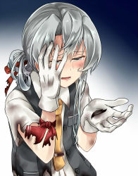 Rule 34 | 10s, 1girl, blue background, blue hair, blue theme, crying, crying with eyes open, gloves, gradient background, hand on own face, highres, kamelie, kantai collection, long hair, necktie, nowaki (kancolle), open mouth, sad, school uniform, silver hair, sobbing, solo, tears, torn clothes, vest, white gloves, yellow necktie
