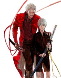 Rule 34 | 2boys, absurdres, aged down, aged up, black gloves, blue coat, blue eyes, closed mouth, coat, devil may cry, devil may cry (series), devil may cry 3, fingerless gloves, gloves, hai ren ma, hair down, hair slicked back, highres, holding, holding weapon, katana, looking at viewer, male focus, multiple boys, solo, sword, vergil (devil may cry), weapon, white hair, yamato (sword)