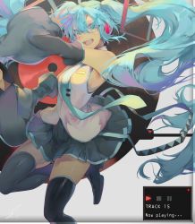 Rule 34 | 1girl, aqua eyes, aqua hair, bare shoulders, blue eyes, boots, commentary request, detached sleeves, floating hair, green hair, hatsune miku, headphones, headset, highres, long hair, looking at viewer, nail polish, necktie, open mouth, saihate (d3), skirt, sleeveless, solo, thigh boots, thighhighs, twintails, very long hair, vocaloid, wide sleeves