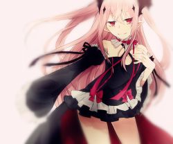 Rule 34 | 10s, 1girl, artist request, black dress, cowboy shot, detached sleeves, dress, female focus, gothic lolita, hair ornament, krul tepes, lolita fashion, long hair, long sleeves, looking at viewer, owari no seraph, pink hair, pointy ears, red eyes, sleeveless, sleeveless dress, smile, solo, standing, twintails, vampire