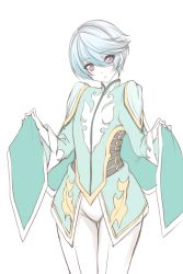 Rule 34 | 10s, 1boy, bad id, bad pixiv id, bishounen, blue hair, blush, clothes lift, holding, looking at viewer, male focus, maromarone, mikleo (tales), pale color, purple eyes, short hair, simple background, solo, tales of (series), tales of zestiria, white background, white hair