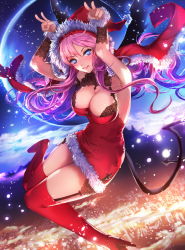 Rule 34 | 1girl, a-line, armpits, arms up, black bra, blue eyes, blush, bra, breasts, cape, christmas, cityscape, cleavage, cloud, cross-laced clothes, demon girl, demon tail, demon wings, detached collar, detached sleeves, double v, dress, dutch angle, floating hair, flying, from side, full body, full moon, fur trim, garter belt, garter straps, glowing, hat, high heels, highres, lace, lace-trimmed bra, lace trim, large breasts, lingerie, long hair, looking at viewer, mole, mole under mouth, moon, moonlight, mountain, night, night sky, original, outdoors, parted bangs, pink hair, red dress, red thighhighs, santa costume, santa hat, short dress, sky, smile, snowing, sparkle, star-shaped pupils, star (symbol), strap gap, strap slip, strapless, strapless dress, symbol-shaped pupils, tail, thighhighs, underwear, v, very long hair, wings, zettai ryouiki