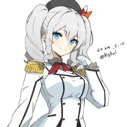 Rule 34 | 1girl, absurdres, beret, bigkwl, blue eyes, breasts, collared shirt, commentary, dated, dated commentary, epaulettes, gloves, grey shirt, hat, highres, jacket, kantai collection, kashima (kancolle), large breasts, long hair, long sleeves, looking at viewer, military, military uniform, one-hour drawing challenge, shirt, sidelocks, simple background, solo, twintails, twitter username, uniform, upper body, wavy hair, white background, white gloves, white jacket