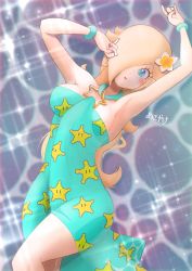 Rule 34 | 1girl, a3 k306021, bare shoulders, blonde hair, blue eyes, blush, breasts, cleavage, dress, flower, hair flower, hair ornament, hair over one eye, highres, long hair, looking at viewer, mario (series), mario kart, mario kart tour, medium breasts, nail polish, nintendo, official alternate costume, open mouth, parted lips, partially submerged, rosalina, signature, solo, star (symbol), symbol-only commentary