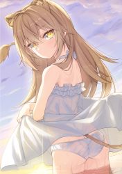 Rule 34 | 1girl, animal ears, ass, bare arms, bare shoulders, blush, brown hair, butt crack, clothes lift, cowboy shot, crossed bangs, dress, dress lift, expressionless, extra ears, frilled dress, frills, from behind, highres, ina (inadahime), indie virtual youtuber, lifted by self, lion ears, lion tail, long hair, looking at viewer, looking back, panties, partially submerged, rurudo lion, rurudo lion (1st costume), see-through, see-through dress, see-through panties, sidelocks, solo, sunlight, tail, underwear, virtual youtuber, wading, wet, wet clothes, yellow eyes
