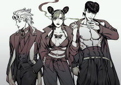 Rule 34 | 1girl, 2boys, bare pectorals, black suit, breasts, bug, butterfly, butterfly tattoo, cigarette, cleavage, double bun, formal, giorno giovanna, hair bun, hand on own hip, higashikata josuke, insect, jojo no kimyou na bouken, kuujou jolyne, long coat, monochrome, multicolored hair, multiple boys, pectorals, pompadour, simple background, stole, stone ocean, suit, tattoo, two-tone hair, ultracat