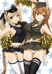 Rule 34 | 2girls, animal ears, armpits, bad id, bad pixiv id, belt, black legwear, charlotte e. yeager, cheerleader, commentary, dakku (ogitsune), fang, freckles, hands up, hat, katharine ohare, long hair, midriff, multiple girls, navel, orange hair, panties, peaked cap, rabbit ears, rabbit girl, strike witches, strike witches: suomus misfits squadron, tail, thighhighs, underwear, uniform, white legwear, white panties, world witches series