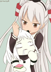 Rule 34 | 10s, 2girls, abyssal ship, ahoge, amatsukaze (kancolle), brown eyes, colored skin, commentary request, crying, dress, hair tubes, highres, hinamatsuri, hishimochi, horns, kantai collection, long hair, long sleeves, mittens, multiple girls, northern ocean princess, open mouth, red eyes, saliva, simple background, smile, strangling, streaming tears, tagfly27qt, tears, white dress, white hair, white skin