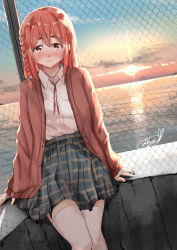 Rule 34 | 1girl, blush, braid, brown cardigan, cardigan, chain-link fence, commentary, day, diffraction spikes, dutch angle, expressionless, feet out of frame, fence, gradient sky, hair between eyes, highres, horizon, kanojo okarishimasu, lips, medium hair, open cardigan, open clothes, outdoors, plaid, plaid skirt, red hair, reflection, reflective water, resolution mismatch, sakurasawa sumi, school uniform, shirt, signature, single braid, sitting, skirt, sky, sleeves past wrists, solo, soragane (banisinngurei), source larger, sunrise, tareme, thick eyebrows, thighhighs, water, white shirt, white thighhighs