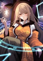 1girl absurdres black_hat closed_mouth commentary_request constellation constellation_print crossed_legs detached_sleeves feet_out_of_frame hand_up hat highres light_brown_hair long_hair looking_at_viewer maka_(user_rryf2748) matara_okina orange_eyes orange_sleeves orange_tabard sitting sky smile solo star_(sky) starry_sky tabard touhou very_long_hair wide_sleeves