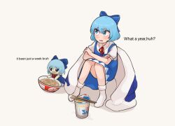 Rule 34 | 2girls, blanket, blue bow, blue dress, blue eyes, blue hair, bow, bowl, cirno, collared shirt, cup ramen, donbee (food), donbei tempura soba, dress, english text, food, full body, fumo (doll), hair bow, highres, instant soba, looking up, multiple girls, neck ribbon, nissin cup noodle, nissin donbei, no wings, noodles, nvi2762, pinafore dress, puffy short sleeves, puffy sleeves, ramen, red ribbon, ribbon, shirt, short dress, short hair, short sleeves, sitting, sleeveless, sleeveless dress, socks, touhou, white background, white shirt