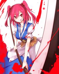 Rule 34 | 1girl, :q, blood, breasts, cleavage, hair bobbles, hair ornament, japanese clothes, licking lips, medium breasts, onozuka komachi, red eyes, red hair, scythe, shiroshi (denpa eshidan), simple background, solo, tongue, tongue out, touhou, twintails, two side up