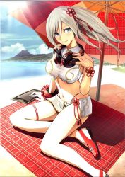 Rule 34 | 10s, 1girl, alisa ilinichina amiella, alternate hairstyle, blue eyes, cloud, day, drawing tablet, god eater, god eater 2: rage burst, hair ornament, headphones, headphones around neck, jpeg artifacts, long hair, midriff, official art, side ponytail, silver hair, solo, thong, umbrella