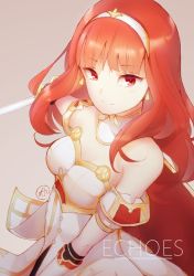 Rule 34 | 1girl, armor, celica (fire emblem), fire emblem, fire emblem echoes: shadows of valentia, fire emblem gaiden, hair ornament, holding, holding sword, holding weapon, long hair, nintendo, red armor, red eyes, red hair, solo, sword, tiara, weapon, white armor