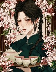 Rule 34 | 1girl, absurdres, braid, brown hair, chinese clothes, closed mouth, cup, flower, green eyes, highres, holding, holding tray, jasmine (flower), kagoya1219, long hair, looking at viewer, original, solo, teapot, tray, upper body