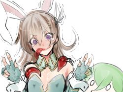 Rule 34 | 1boy, 1girl, aishuu hebiko, androgynous, animal ears, bare legs, bare shoulders, blush, breasts, brown hair, chibi, cleavage, detached collar, elbow gloves, embarrassed, expressionless, fake animal ears, femdom, gloves, grabbing, grabbing from behind, green leotard, hair ornament, highres, kamen no hito, leotard, lips, long hair, looking at viewer, male playboy bunny, moaning, nervous smile, playboy bunny, purple eyes, rabbit ears, shiny skin, small breasts, smile, standing, surprised, taimanin (series), taimanin rpgx, tears, tentacles, tentacles on male, tentacles under clothes, trap, trembling, uehara shikanosuke, upper body, very long hair, you gonna get raped