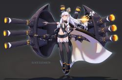 Rule 34 | 1girl, alternate costume, alternate eye color, alternate hair color, azur lane, black thighhighs, cape, commentary request, crown, dark persona, detached sleeves, diamond (gemstone), full body, highres, holding, long hair, looking at viewer, machinery, mini crown, navel, queen elizabeth (azur lane), scepter, simple background, solo, thighhighs, turret, white hair, yellow eyes, you ni ge shaobing, zettai ryouiki