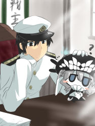 Rule 34 | 10s, 1boy, 1girl, ?, abyssal ship, admiral (kancolle), bodysuit, cape, chibi, goma (gomasamune), hair between eyes, headpat, kantai collection, patting, silver hair, wo-class aircraft carrier