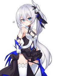 Rule 34 | 1girl, bare shoulders, black dress, blue eyes, blush, breasts, closed mouth, clothes lift, commentary, dress, dress lift, ginka (gink a), gloves, hair between eyes, hair ornament, heart, highres, honkai (series), honkai impact 3rd, lifted by self, long hair, looking at viewer, side ponytail, sidelocks, silver hair, simple background, sleeveless, sleeveless dress, small breasts, smile, solo, theresa apocalypse, thighhighs, very long hair, white background, white gloves, white thighhighs
