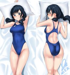 Rule 34 | 1girl, amano hina (tenki no ko), ass, black hair, blue eyes, blue one-piece swimsuit, breasts, commission, competition swimsuit, covered navel, cowboy shot, dakimakura (medium), dated, from above, from behind, highleg, highleg swimsuit, highres, long hair, looking at viewer, looking back, low twintails, lying, medium breasts, multiple views, on back, on stomach, one-piece swimsuit, pillow, pixiv commission, signature, swimsuit, tenki no ko, twintails, yoo tenchi